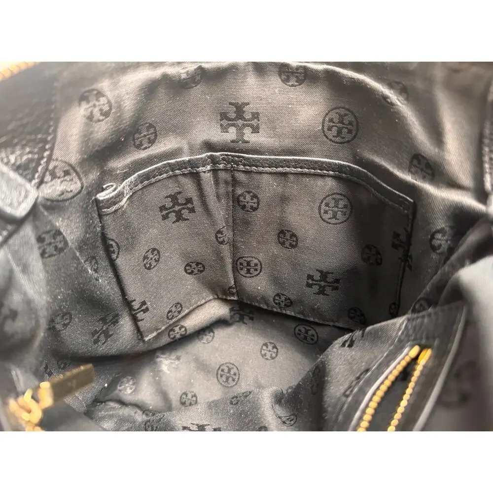 Tory Burch Meyer pebbled black leather crossbody bag gold tone hardware zip top